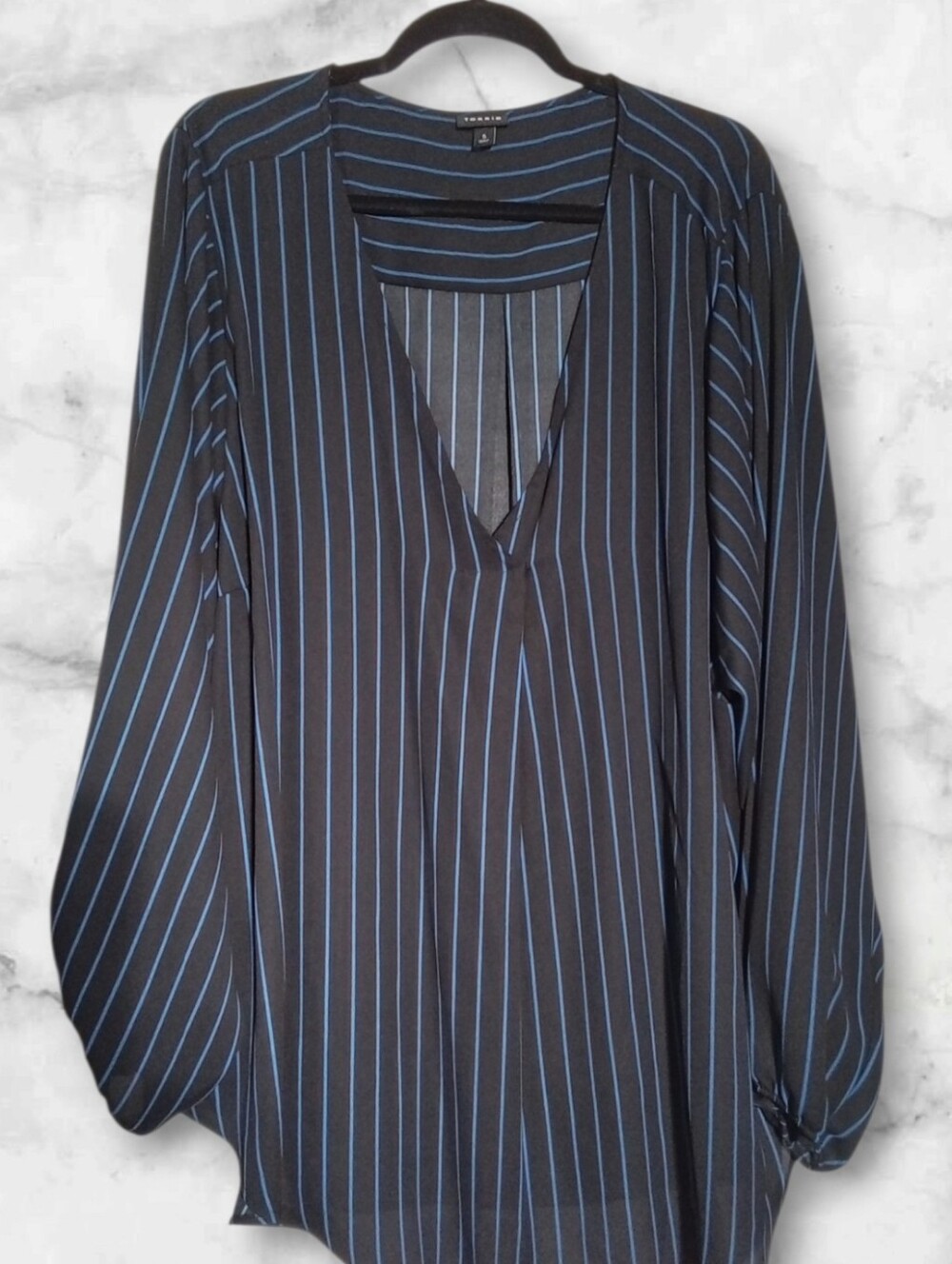 Torrid Lush Black V-Neck Blouse with Blue Pinstripes